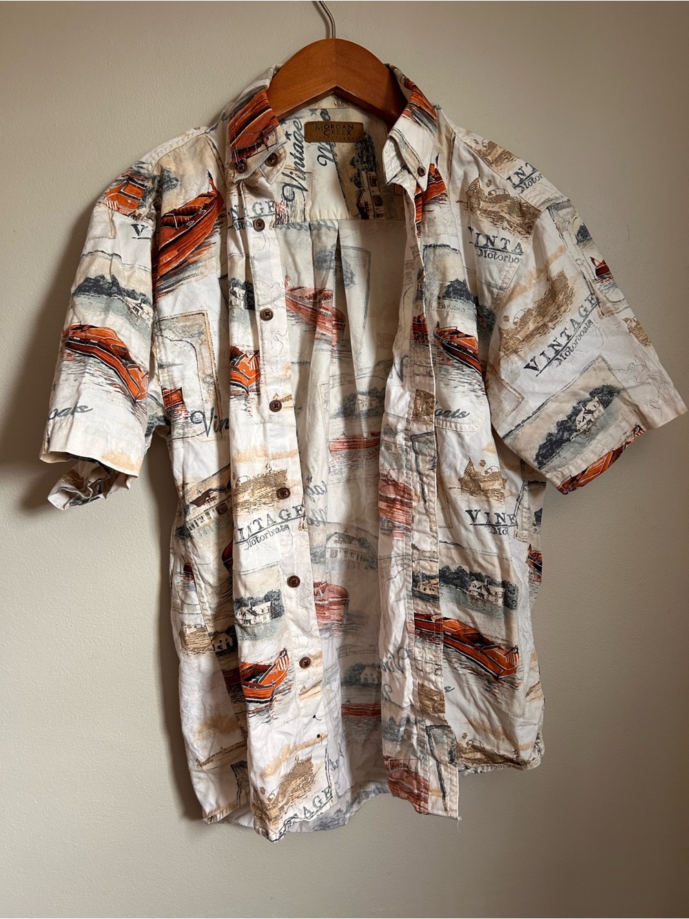 Short-Sleeve Casual Button-Down Shirt in Cream with Orange & Brown Print